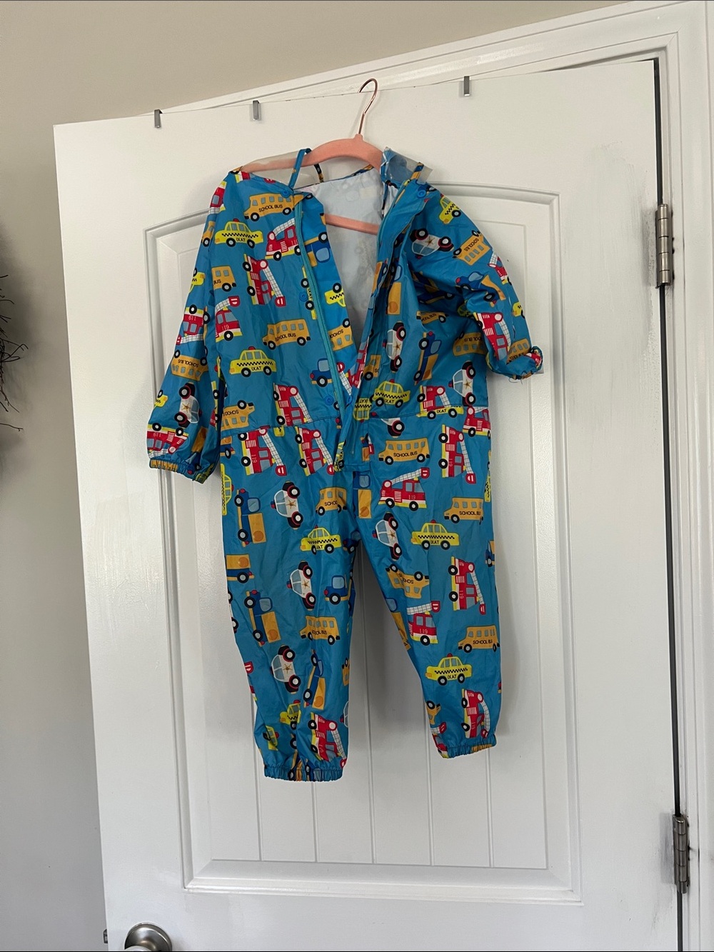 Kids Blue Vehicle-Print One-Piece Rain Suit